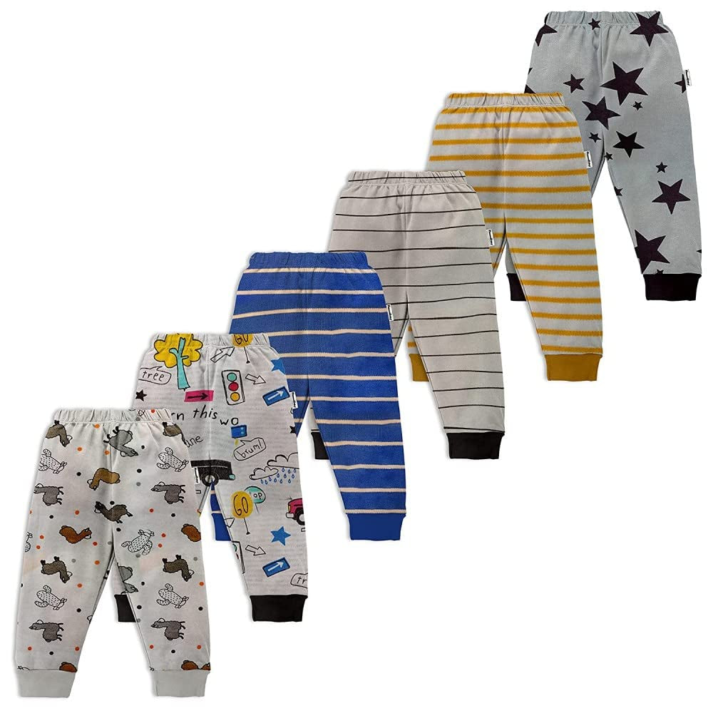 Unisex Baby Cotton Mixed Print Pyjama Rib Pants Assorted Prints- Pack of 6