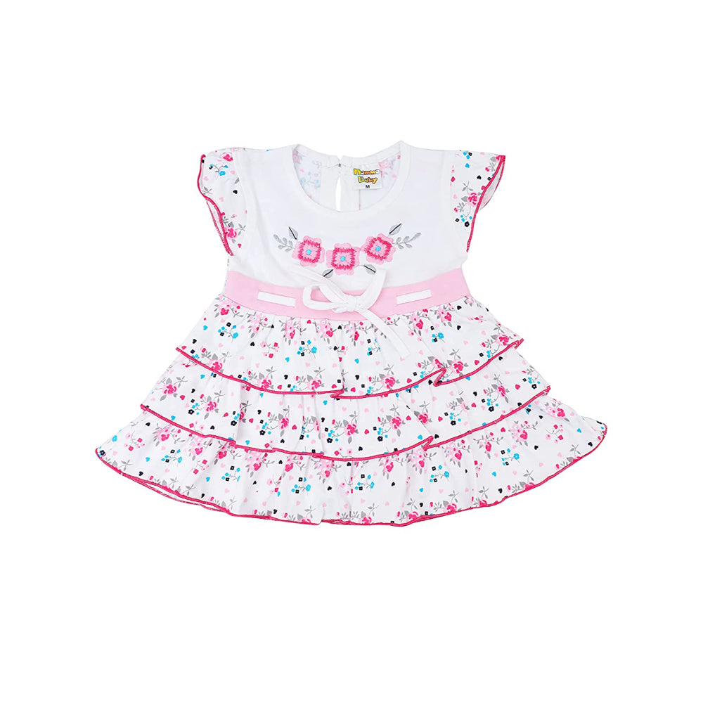 NammaBaby Premium Baby Girls Short Sleeves Frock Dress. Frock, Round Neck Frock with Swing Tie, Rose Print Pattern Frill Frock, Pack of 1, 100% Cotton Frock