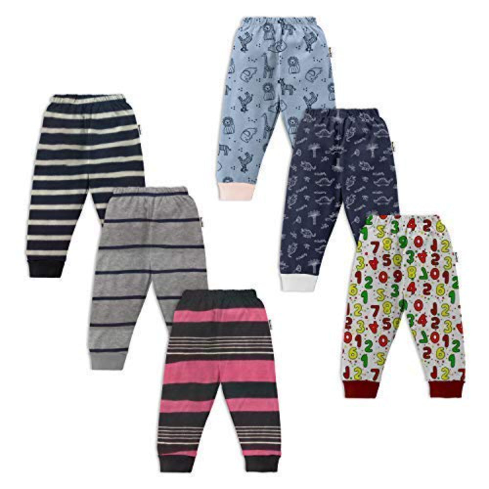 Unisex Baby Cotton Mixed Print Pyjama Rib Pants Assorted Prints- Pack of 6