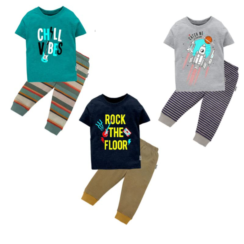 Boys Cotton Top and Pyjama Set in Cool Color Combo Pack