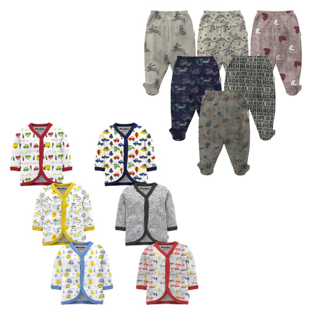 New Born Baby Cotton Front Open Full Sleeves Vest- Tshirt Jhabla (6PC) and Unisex Kid's Pajama with Booties(6PC)- Perfect for Your Baby - Cutely Printed (12 Piece Combo Set)