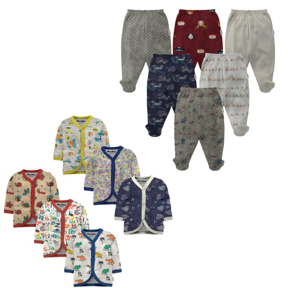 New Born Baby Cotton Front Open Full Sleeves Vest- Tshirt Jhabla (6PC) and Unisex Kid's Pajama with Booties(6PC)- Perfect for Your Baby - Cutely Printed (12 Piece Combo Set)