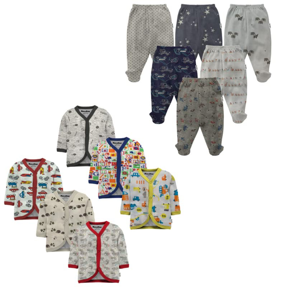 New Born Baby Cotton Front Open Full Sleeves Vest- Tshirt Jhabla (6PC) and Unisex Kid's Pajama with Booties(6PC)- Perfect for Your Baby - Cutely Printed (12 Piece Combo Set)