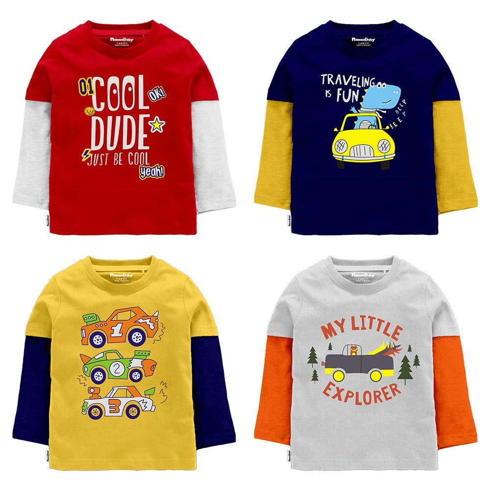 Hosiery Cotton Double Sleeves Printed Boys' T-Shirt - Pack of 4