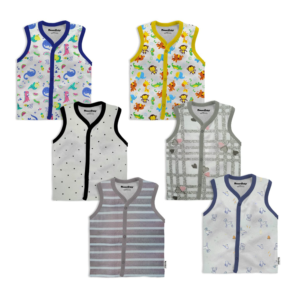 Unisex Cotton Front Open Sleeveless Vest / Jhabla for Baby - Set of 6