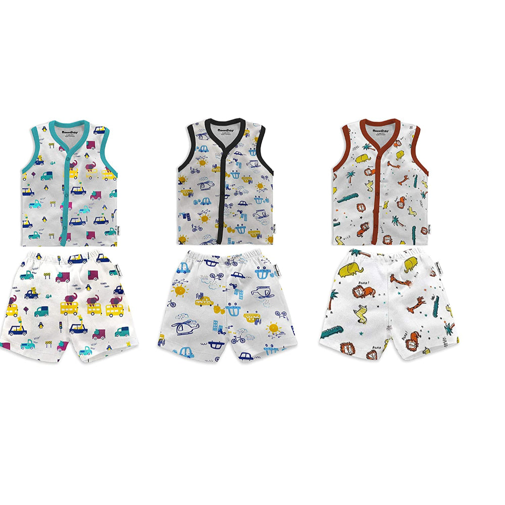 New Born Baby Combo Sleeveless T-Shirt Vest Front Open Jhabla - Shorts White Cute Print Set (6 Jhabla + 6 Shorts) for New Born Baby Combo Pack of 12