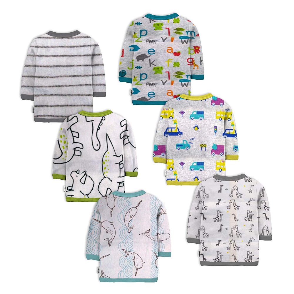 New Born Baby Cotton Front Open Full Sleeves Vest- Tshirt Jhabla (6PC) and Unisex Kid's Pajama with Booties(6PC)- Perfect for Your Baby - Cutely Printed (12 Piece Combo Set)