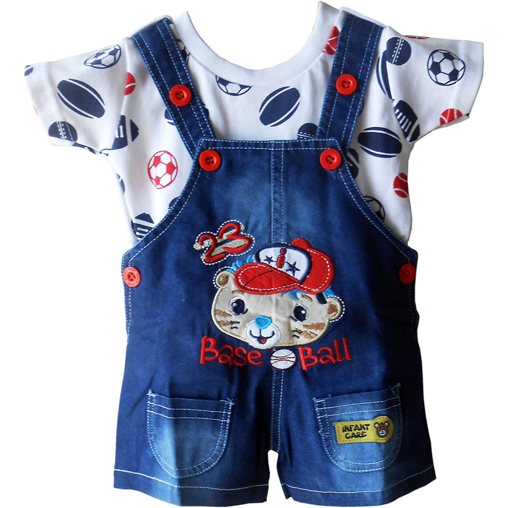 Premium Dungaree with Short Sleeves T-Shirt Base Ball Print Dungaree Shorts