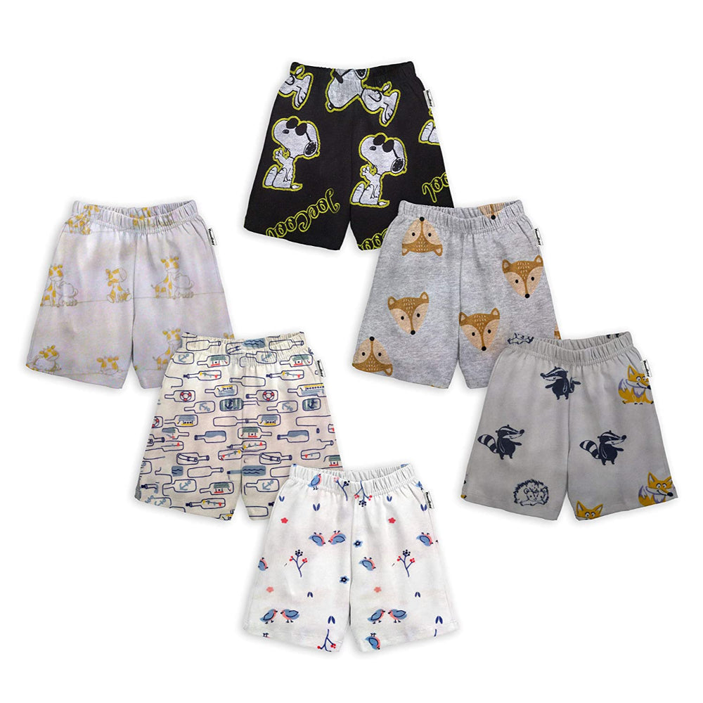 Hoseiry Cotton Boy's Regular Shorts - Assorted Mix Print (Pack of 6)
