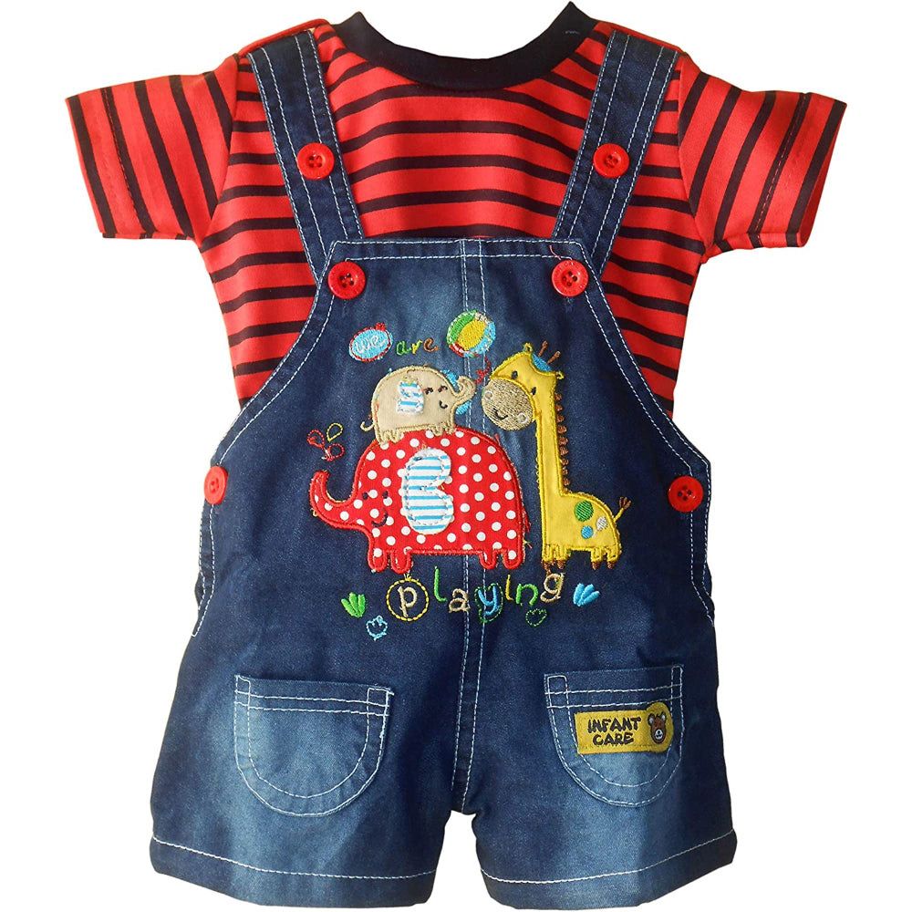Premium Dungaree with Short Sleeves T-Shirt We are Playing Teddy's Print Dungaree Shorts