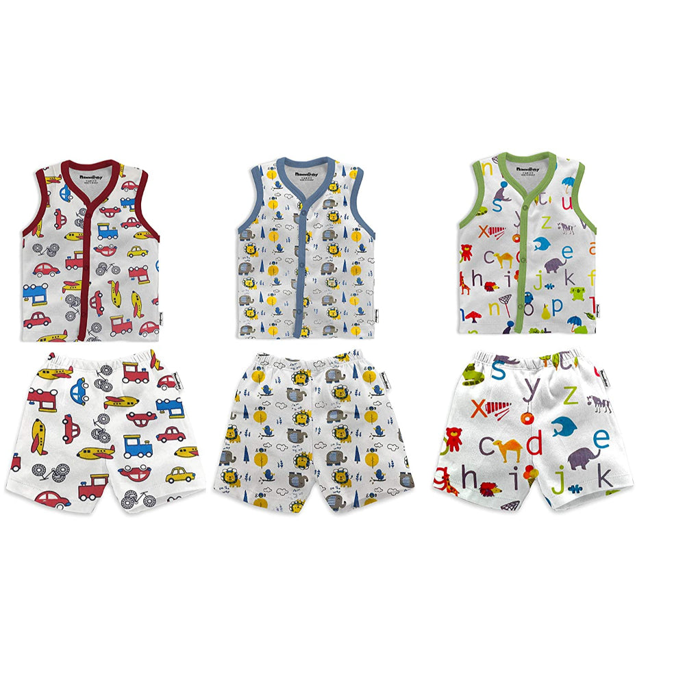 New Born Baby Combo Sleeveless T-Shirt Vest Front Open Jhabla - Shorts White Cute Print Set (6 Jhabla + 6 Shorts) for New Born Baby Combo Pack of 12