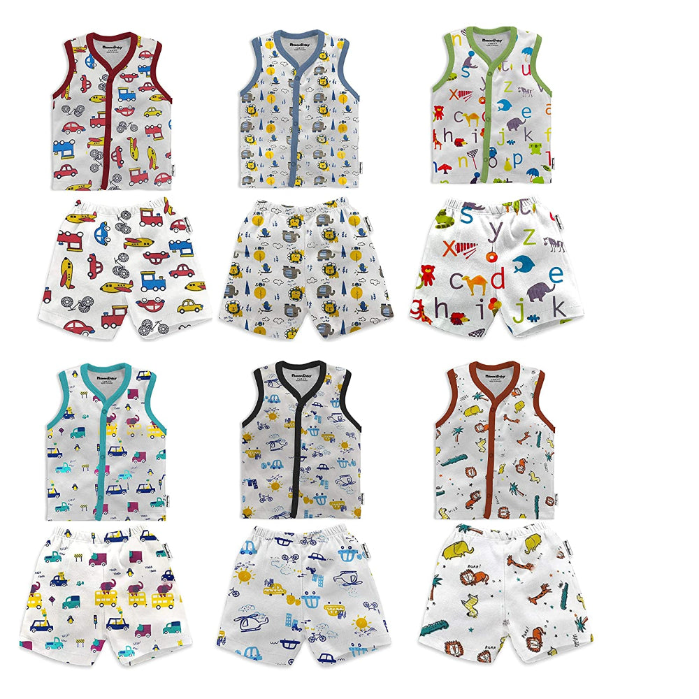 New Born Baby Combo Sleeveless T-Shirt Vest Front Open Jhabla - Shorts White Cute Print Set (6 Jhabla + 6 Shorts) for New Born Baby Combo Pack of 12